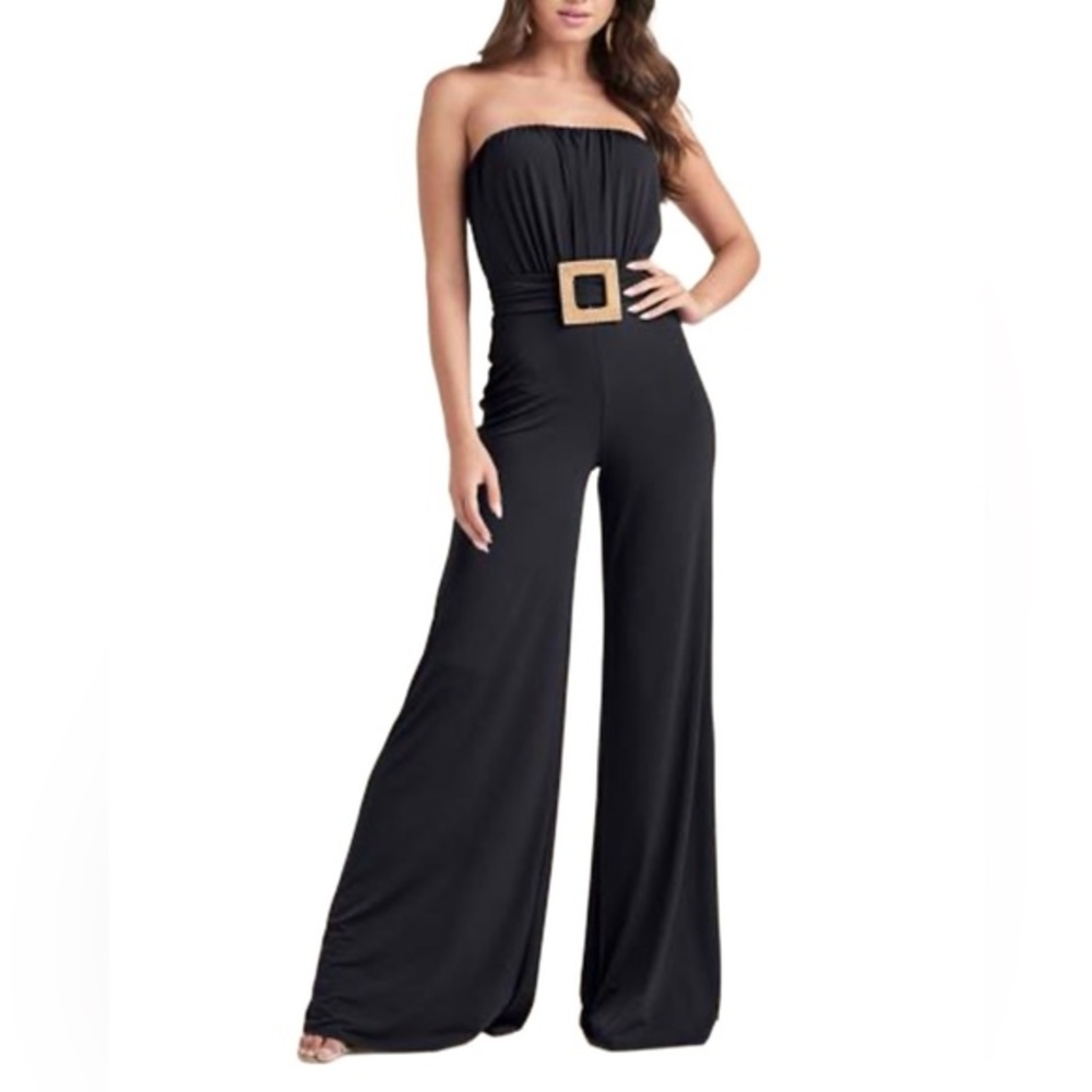 Black Venus Strapless Belted Jumpsuit  size Medium